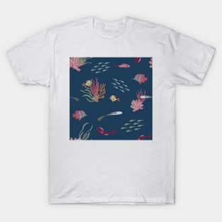 Fish, Coral, and Seaweed on Navy T-Shirt